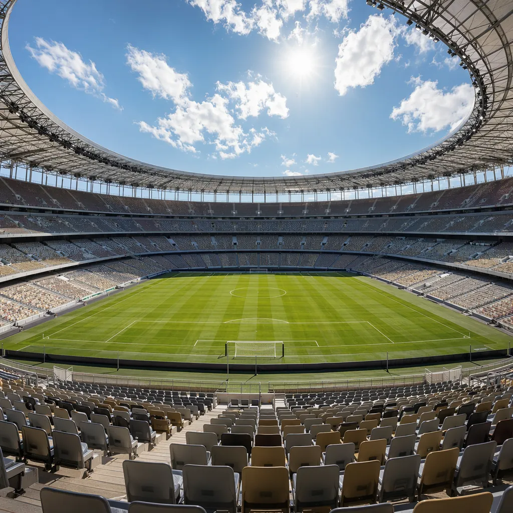 Wide shot of modern empty world cup football stadium, sunny daytime, no banners 