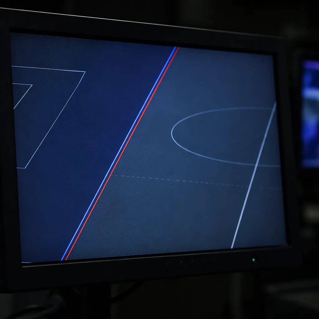 Close up shot of a VAR monitor screen inside a football stadium, showing abstrac