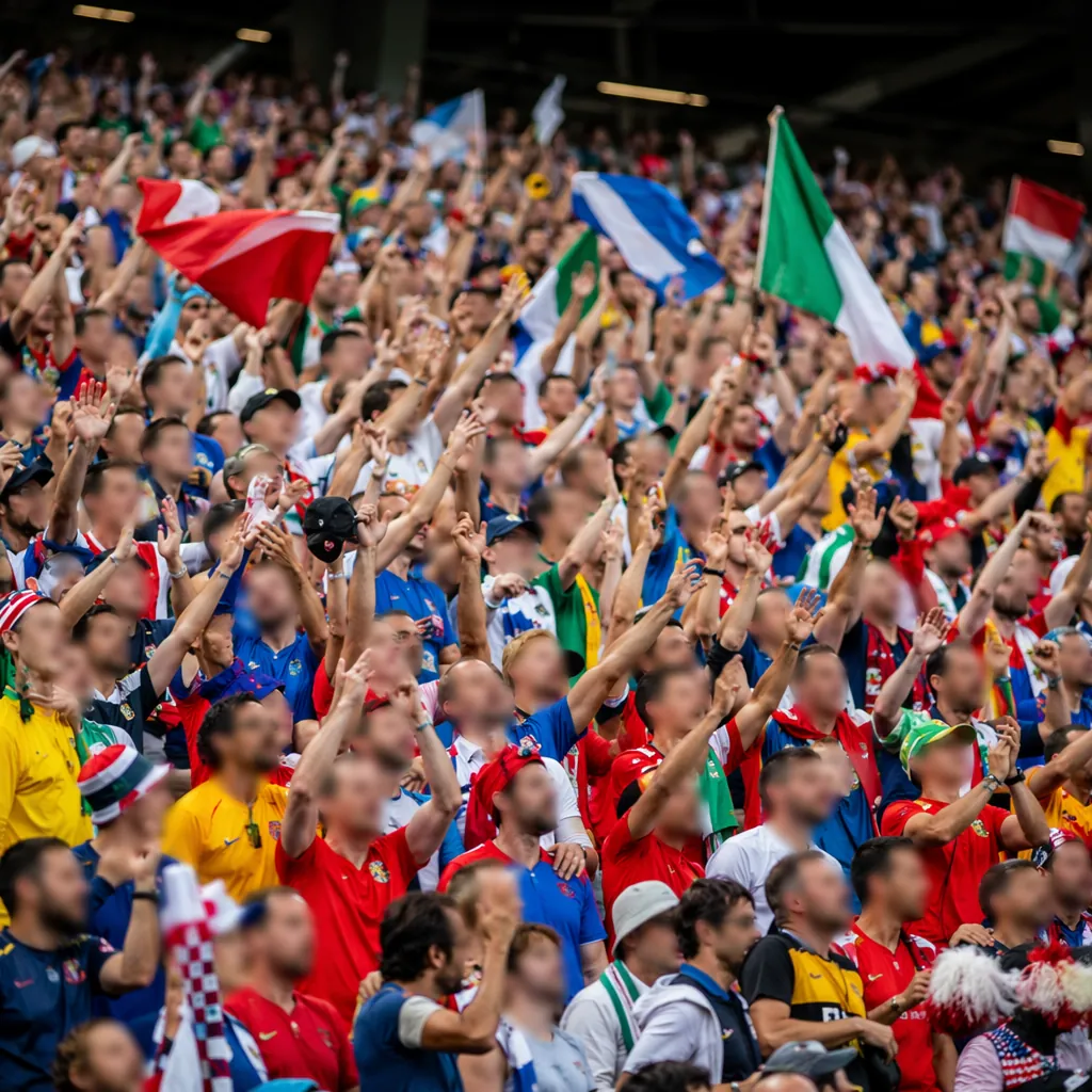 Wide shot of anonymous football fans cheering in stadium stands, mixed national 
