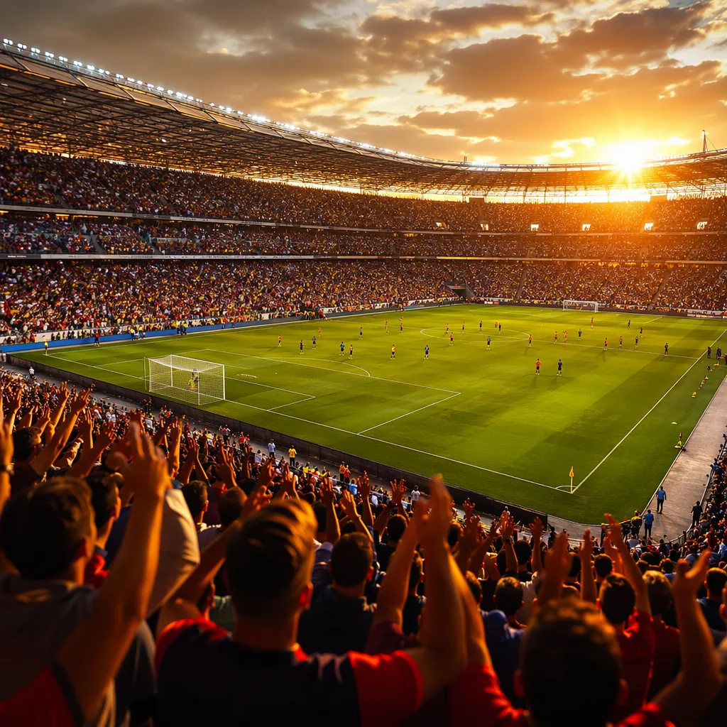 Wide shot of a packed football stadium during a pre-tournament warmup match, gol