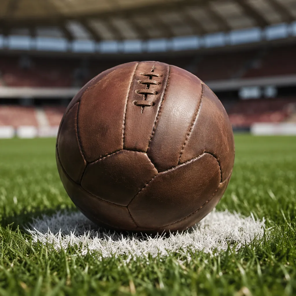 Close up shot of a leather football resting on the white penalty spot of a well-