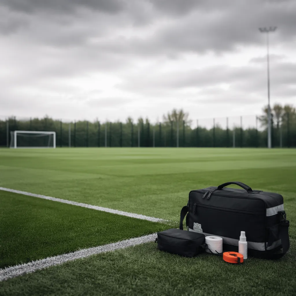 Empty football training ground with medical kit placed on the sideline, overcast
