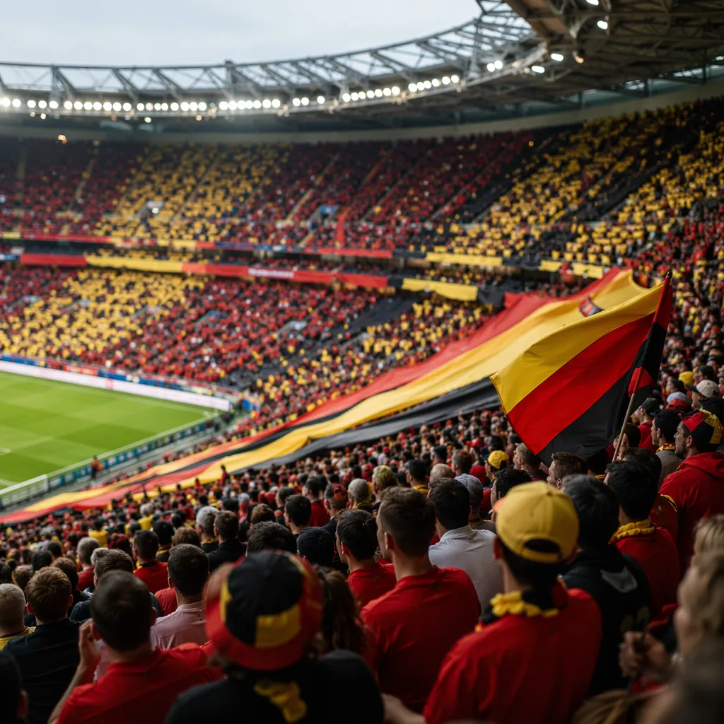 Wide shot of a world cup group stage stadium seating area with red, yellow and b
