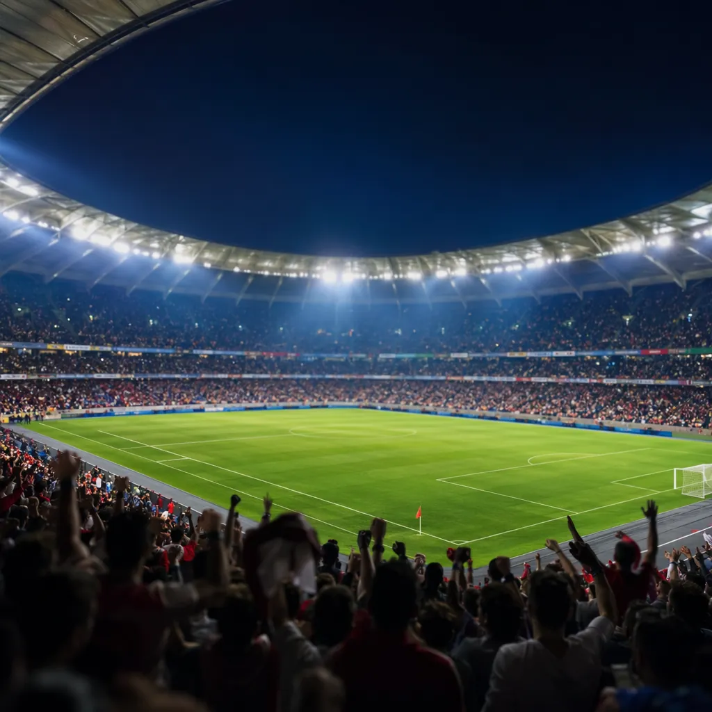 Wide shot of a football stadium interior during a world cup match, blurred cheer