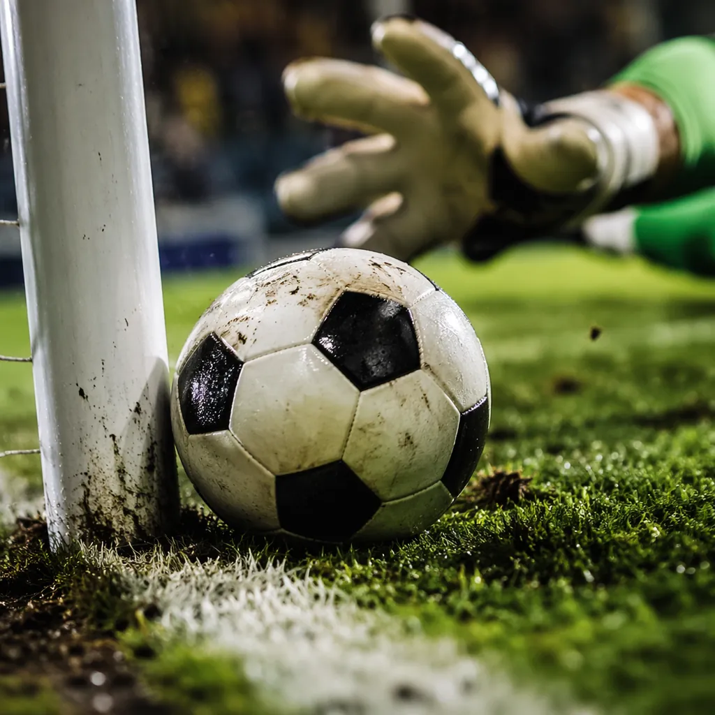 Dynamic close-up shot of a football crossing the goal line, blurred goalkeeper g