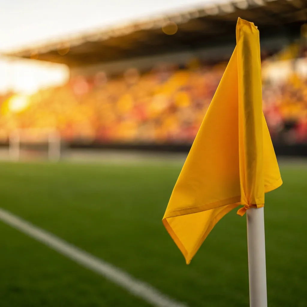 Close up of a corner flag on a green football pitch, blurred crowd in the backgr