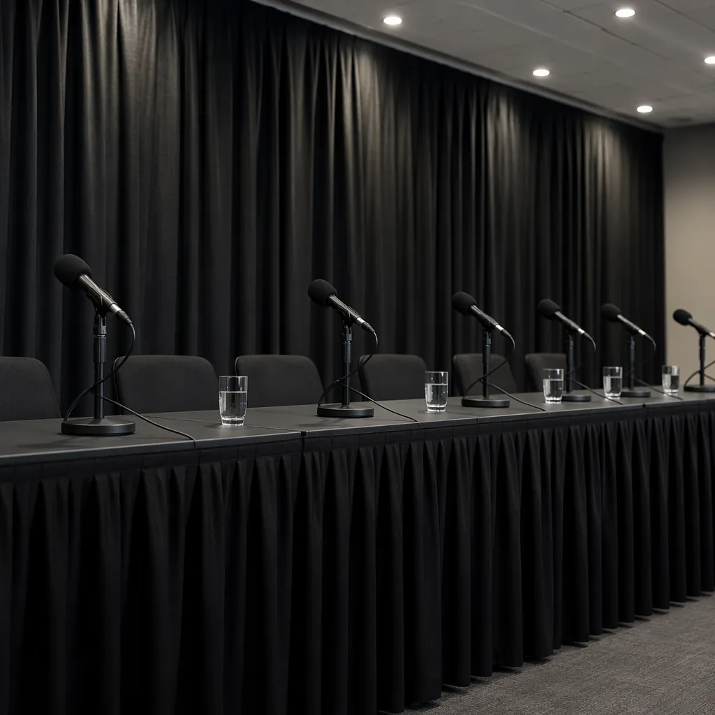 Empty press conference room with microphones arranged on a long table, neutral c