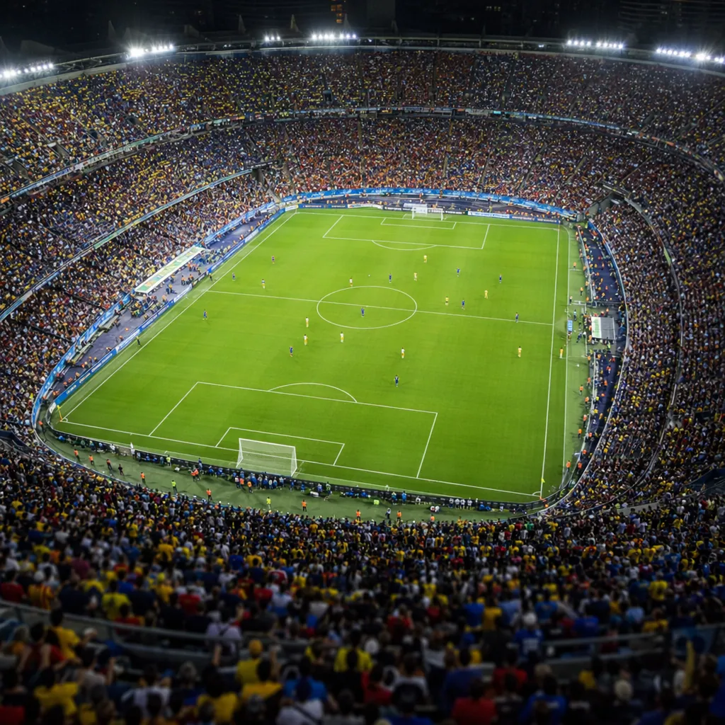High angle shot of a fully packed football stadium during a match, blurred fans 