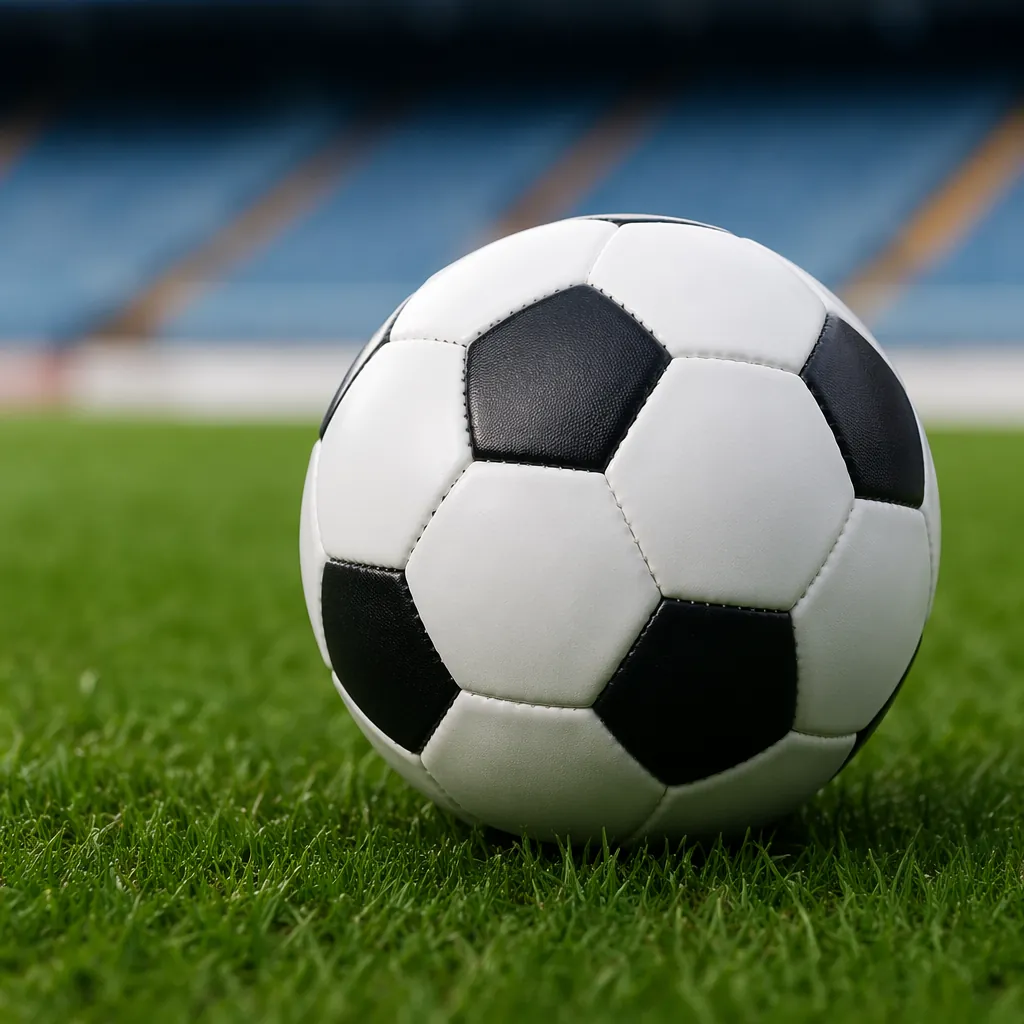 Close up of a generic soccer ball resting on a green grass pitch, blurred backgr