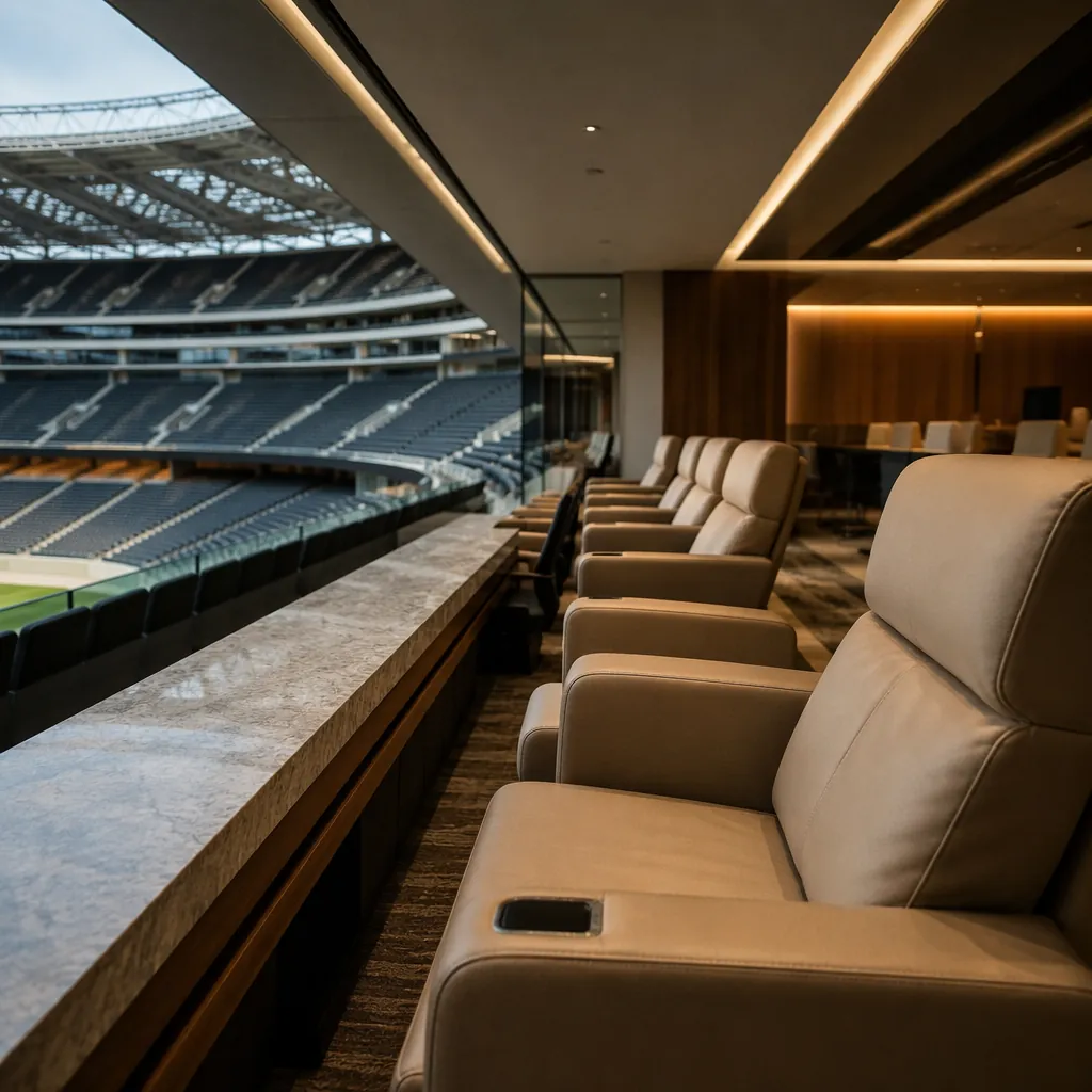Close up of VIP box seats in a large football stadium, empty with premium seatin