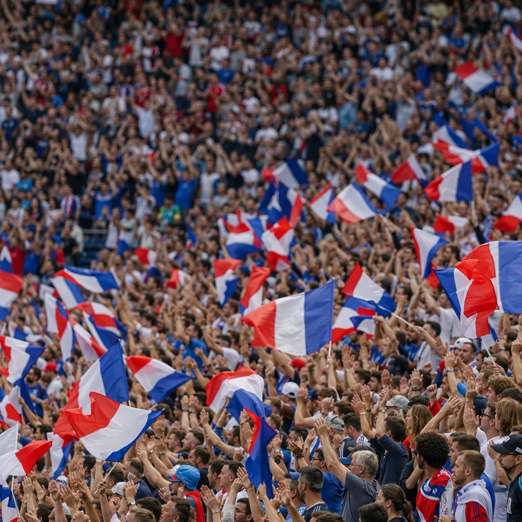 Crowd of football fans cheering in stadium stands, waving generic national flags
