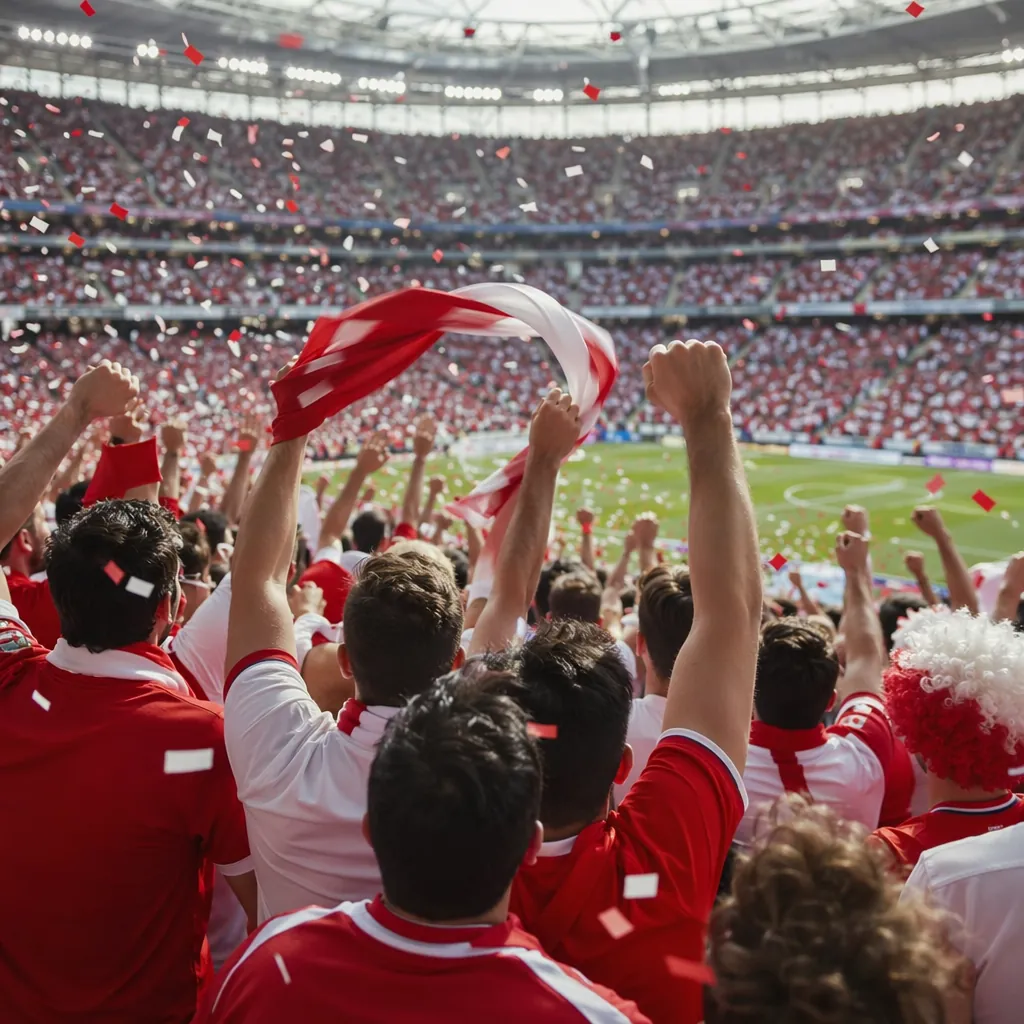 Wide shot of a group of football fans wearing generic red and white jerseys chee
