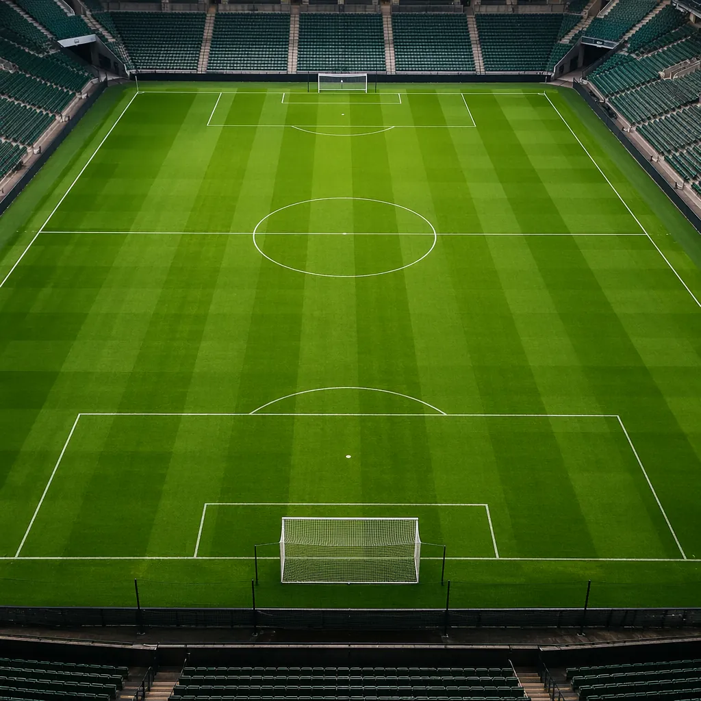 High angle shot of an empty professional football pitch with well-maintained gre