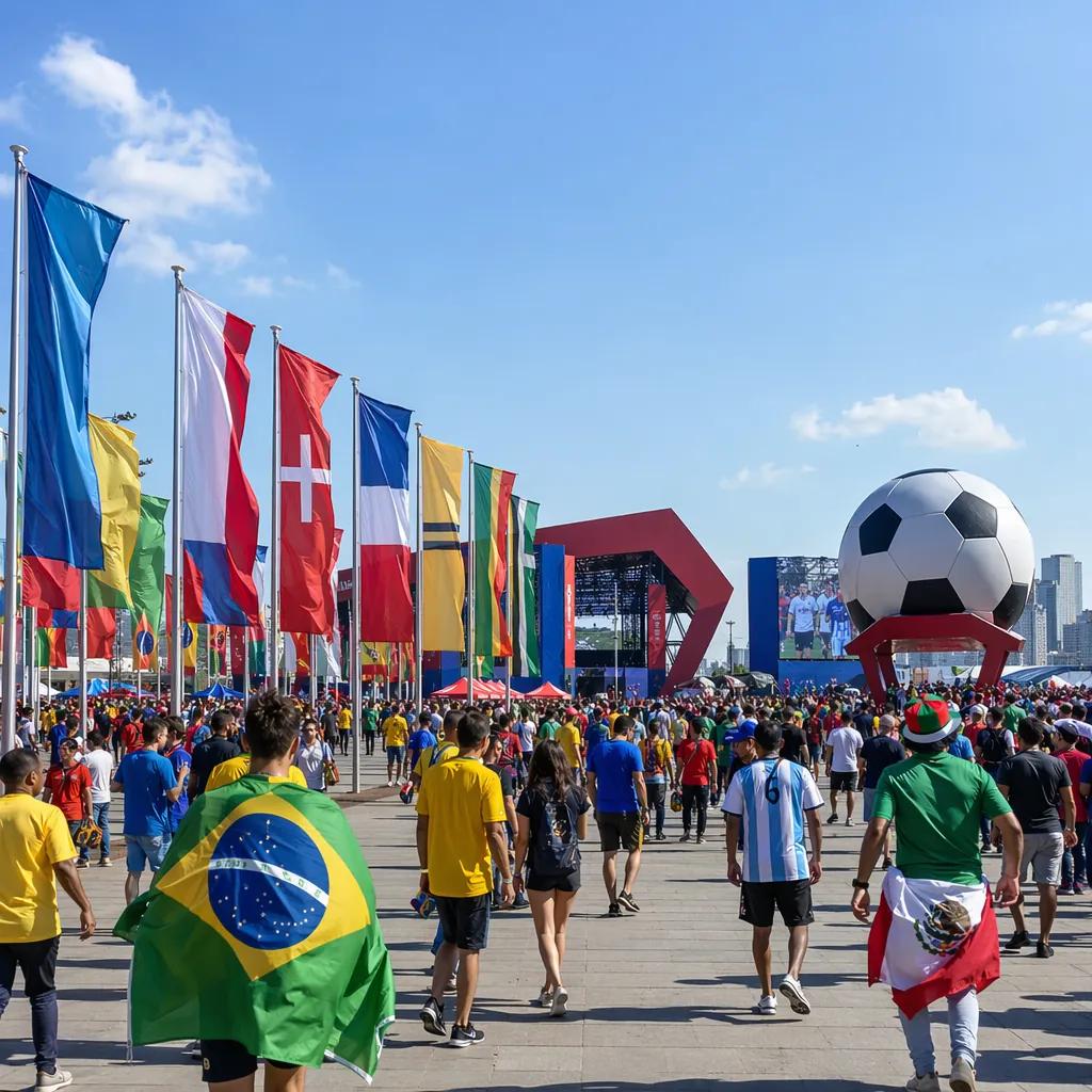 Wide shot of a World Cup fan zone with colorful flags flying, crowds of fans wal