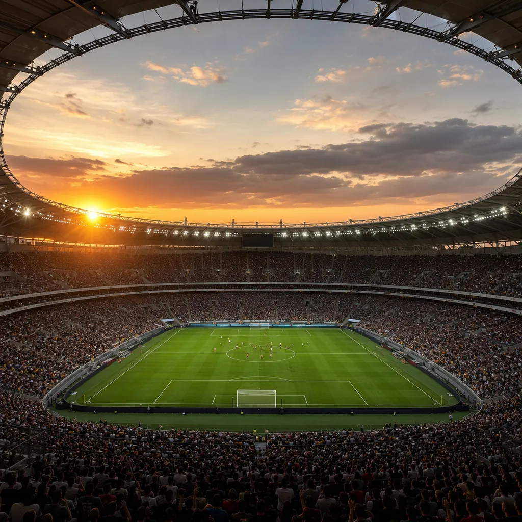 Wide shot of modern world cup football stadium with fans in stands, neutral team
