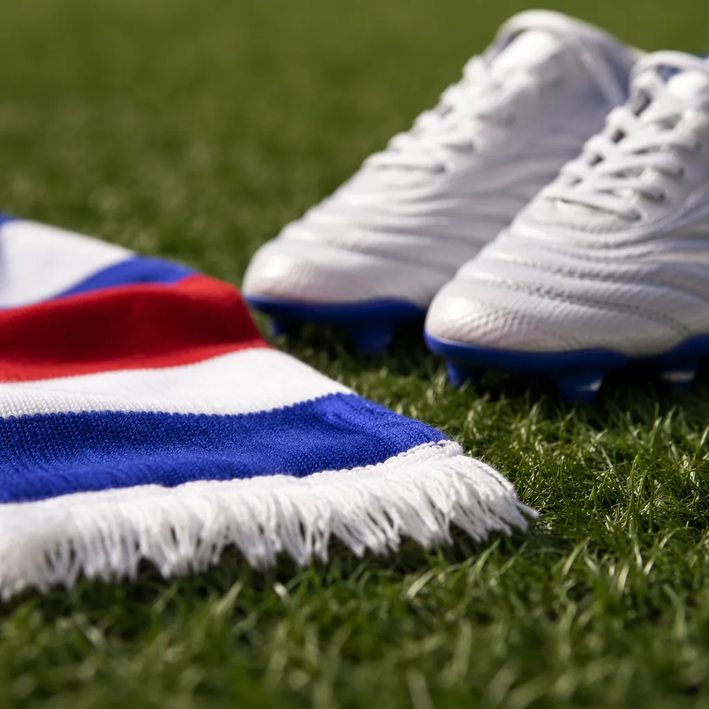 Close up of football boots and generic national team scarf on grass pitch, soft 