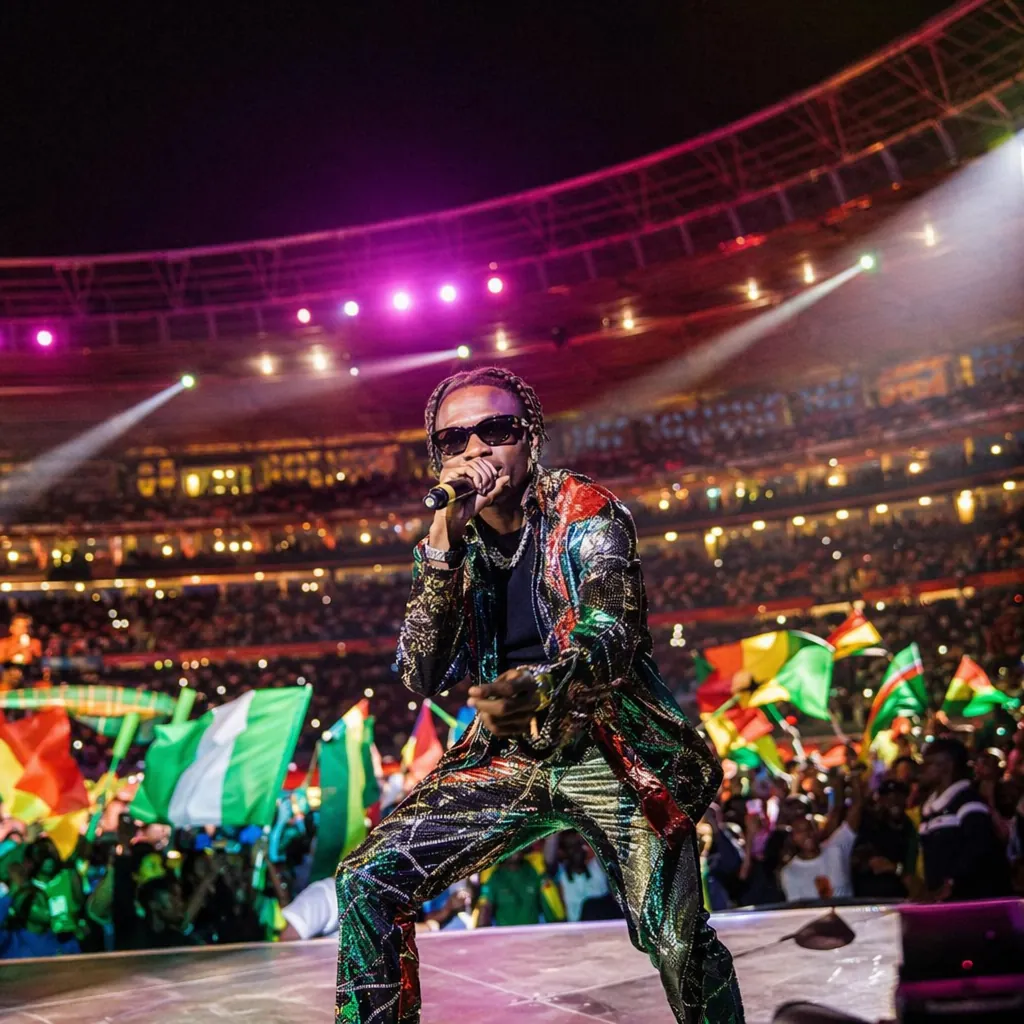 Afrobeats music performance scene on a large football stadium stage, colorful ne
