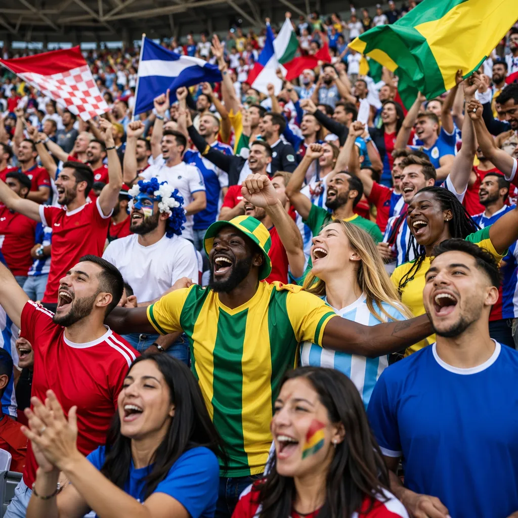 Wide shot of diverse football fans cheering together in stadium stands, wearing 