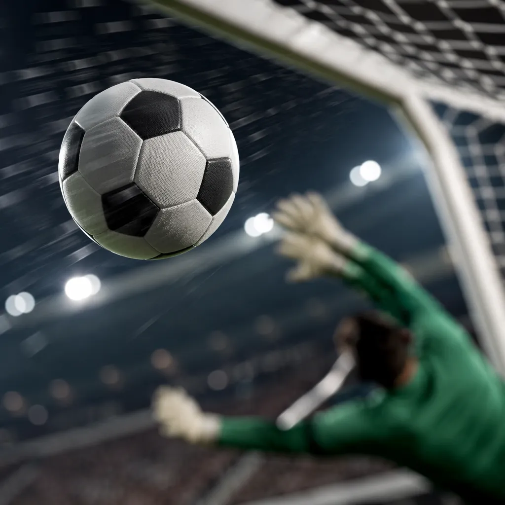 Close up of a soccer ball flying through the air towards the top corner of a goa