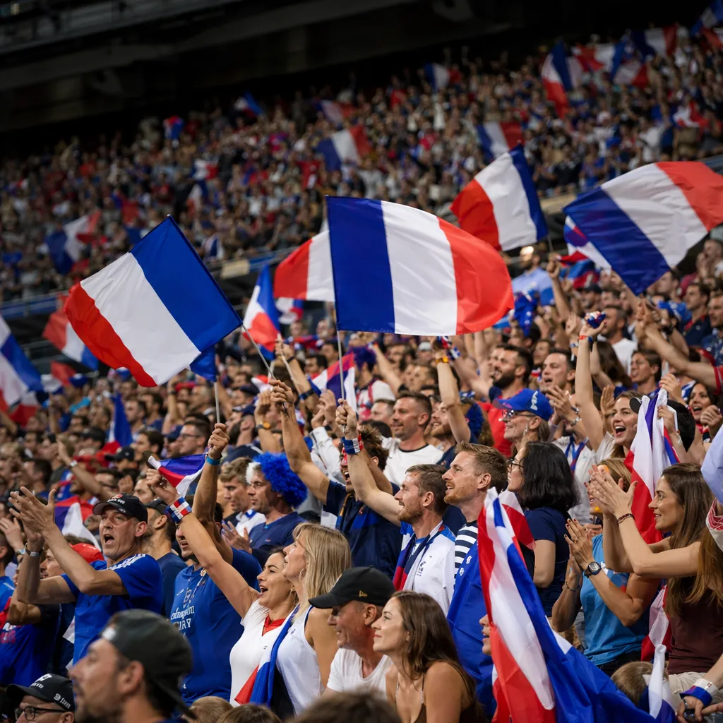 Wide shot of soccer fans waving national flags in stadium stands, vibrant atmosp