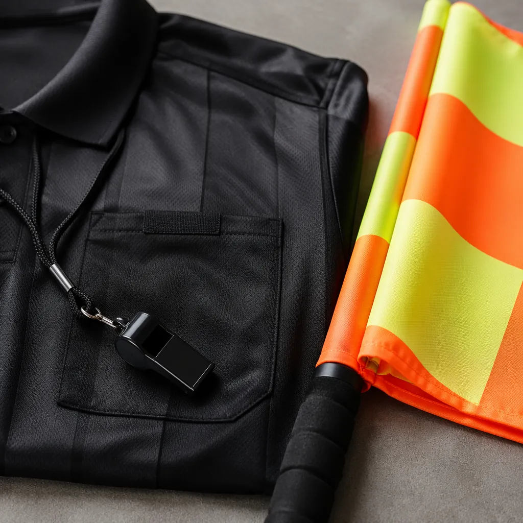 Close up shot of a referee's official jersey, whistle and match flag placed on a