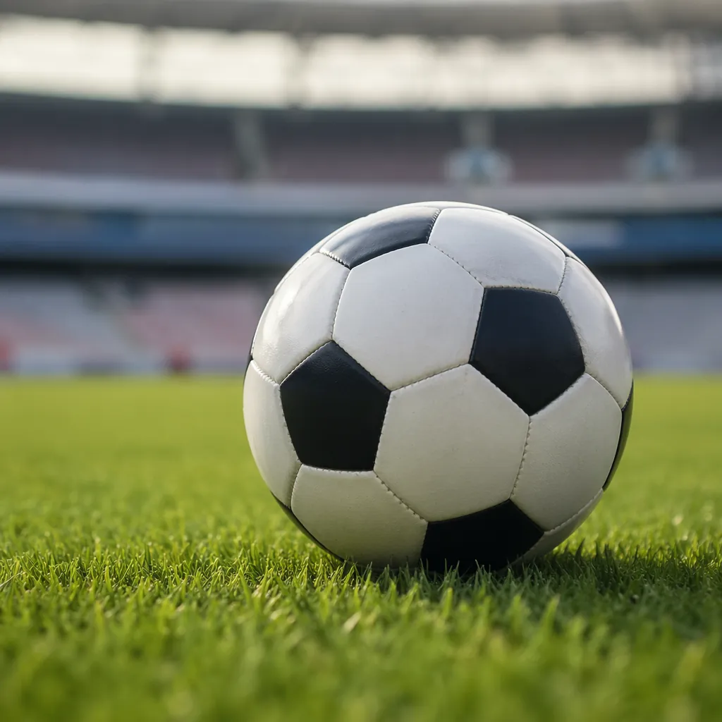 Close up of a standard soccer ball resting on a well-maintained green grass pitc