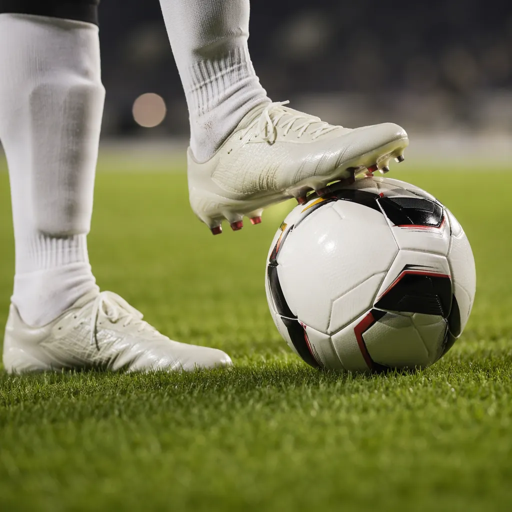 Close up of soccer cleats and a match ball on a well-maintained grass pitch, sof