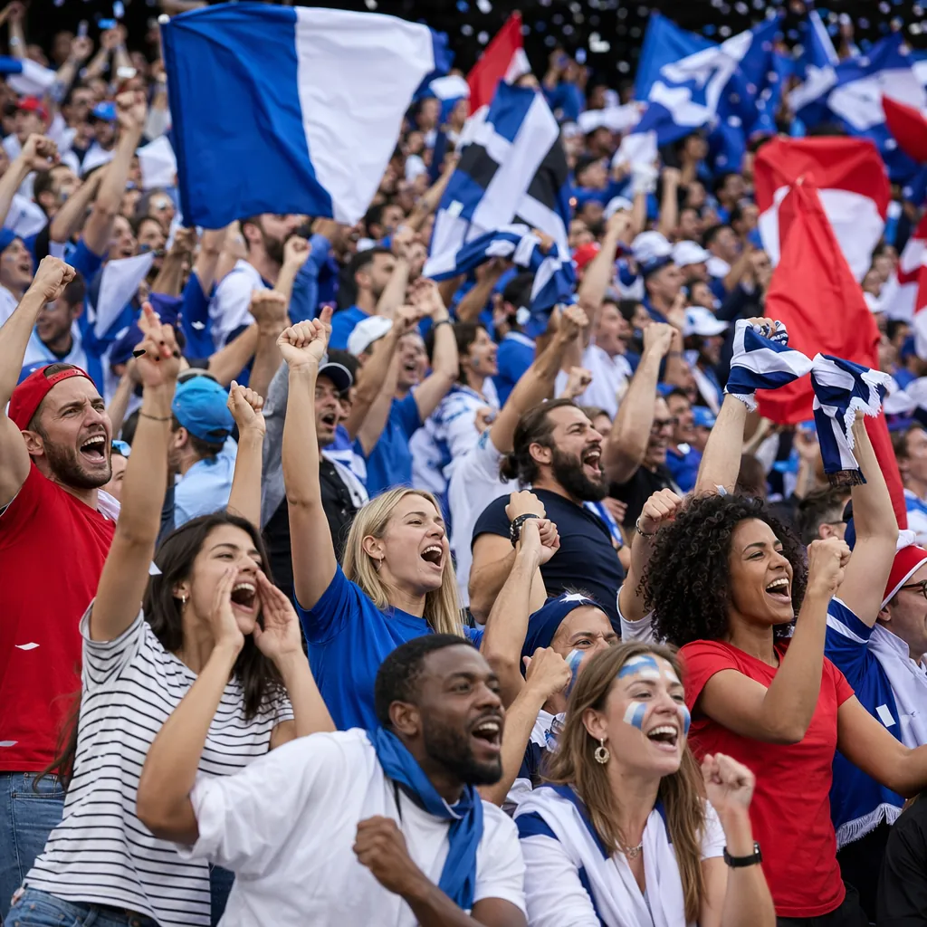 Wide shot of diverse soccer fans celebrating in the stands, holding generic team