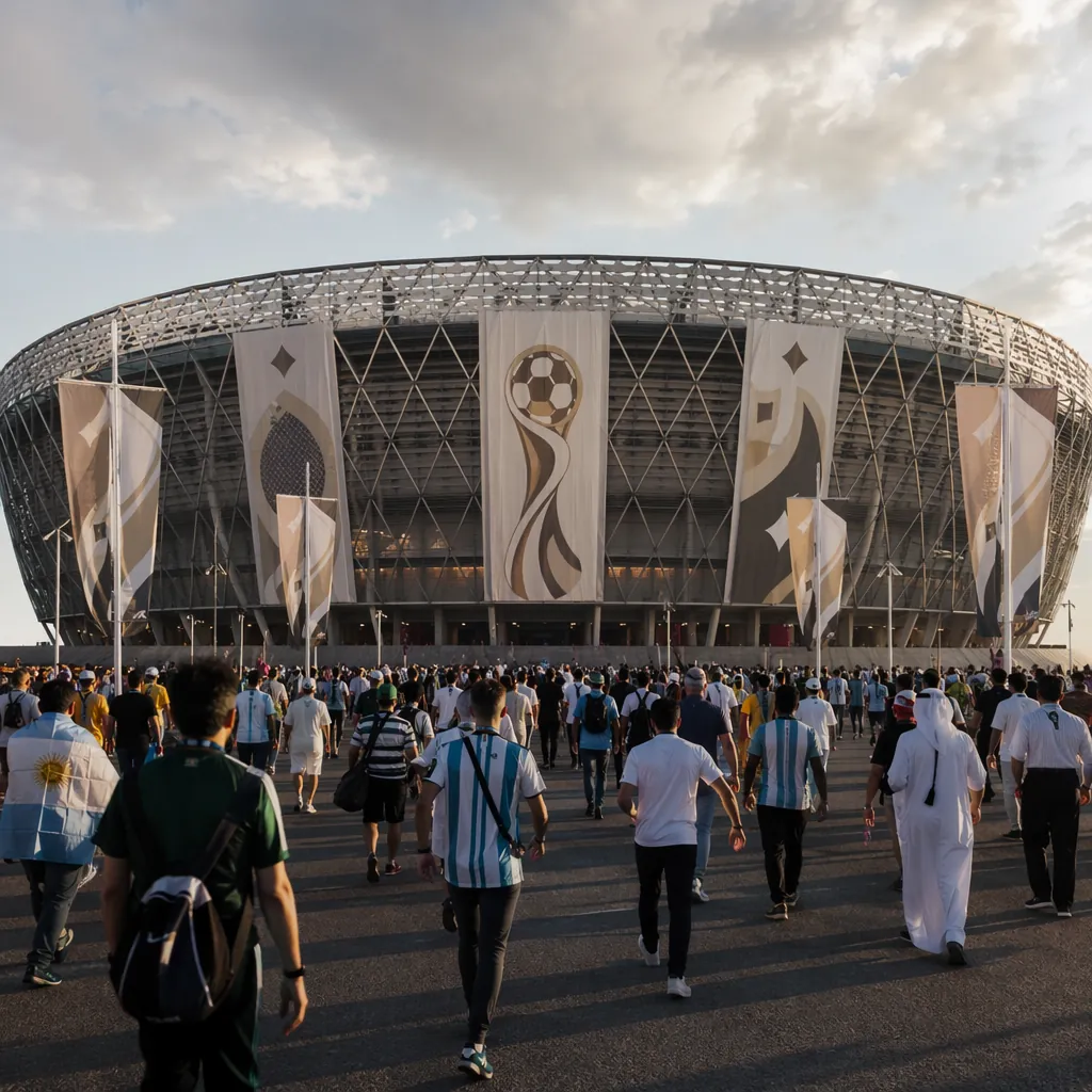 Exterior of a modern football stadium decorated with neutral World Cup themed de