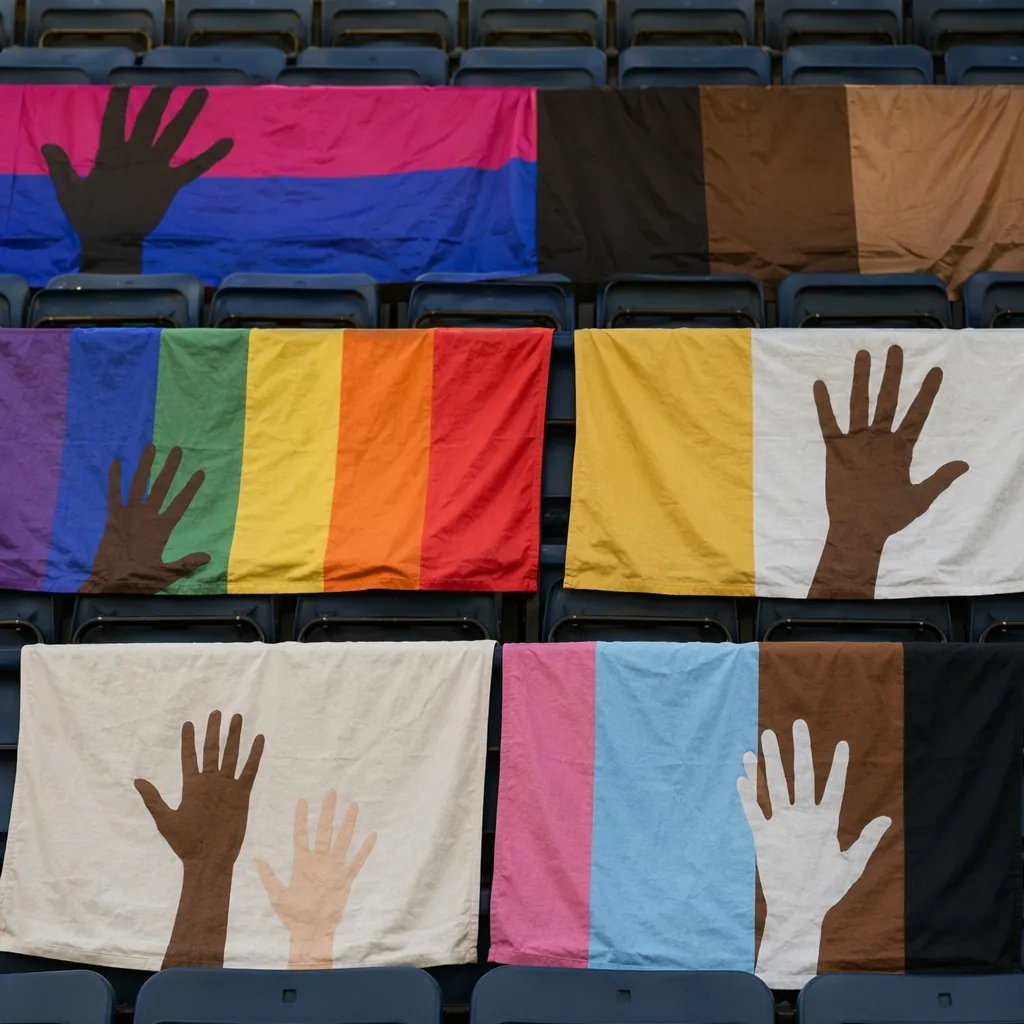 Photo of colorful anti-racism banners hung on empty stadium seats, no visible te