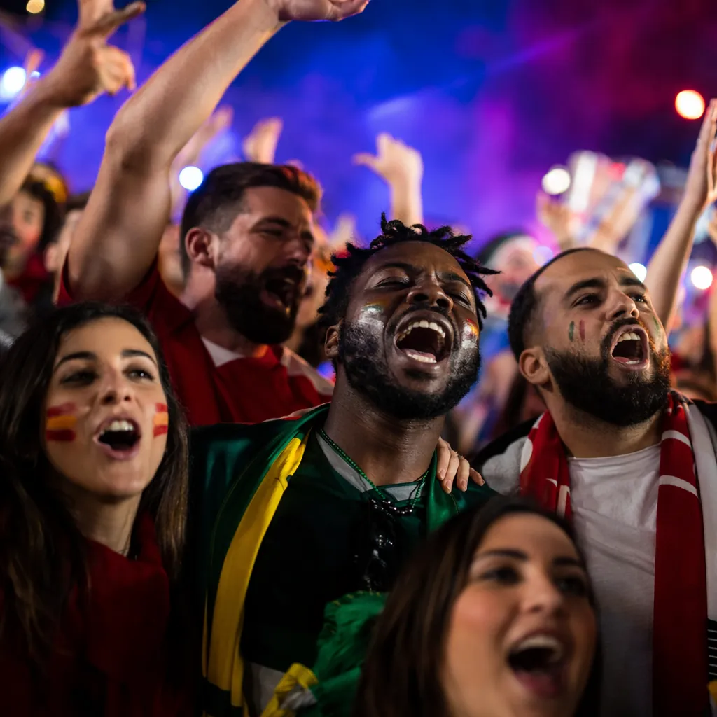 A close-up shot of diverse football fans from different backgrounds singing toge