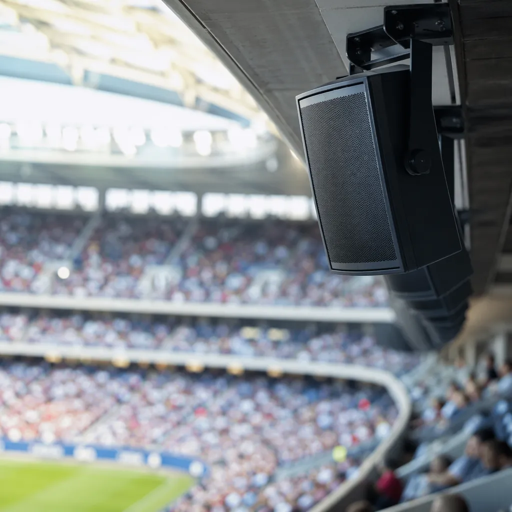 Shot of stadium speaker system installed on upper level of a modern football are
