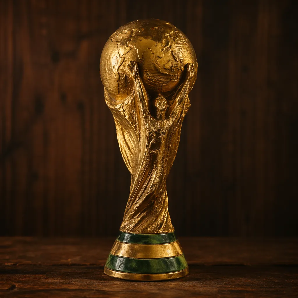 Vintage football trophy on a dark wooden background, soft warm lighting, classic