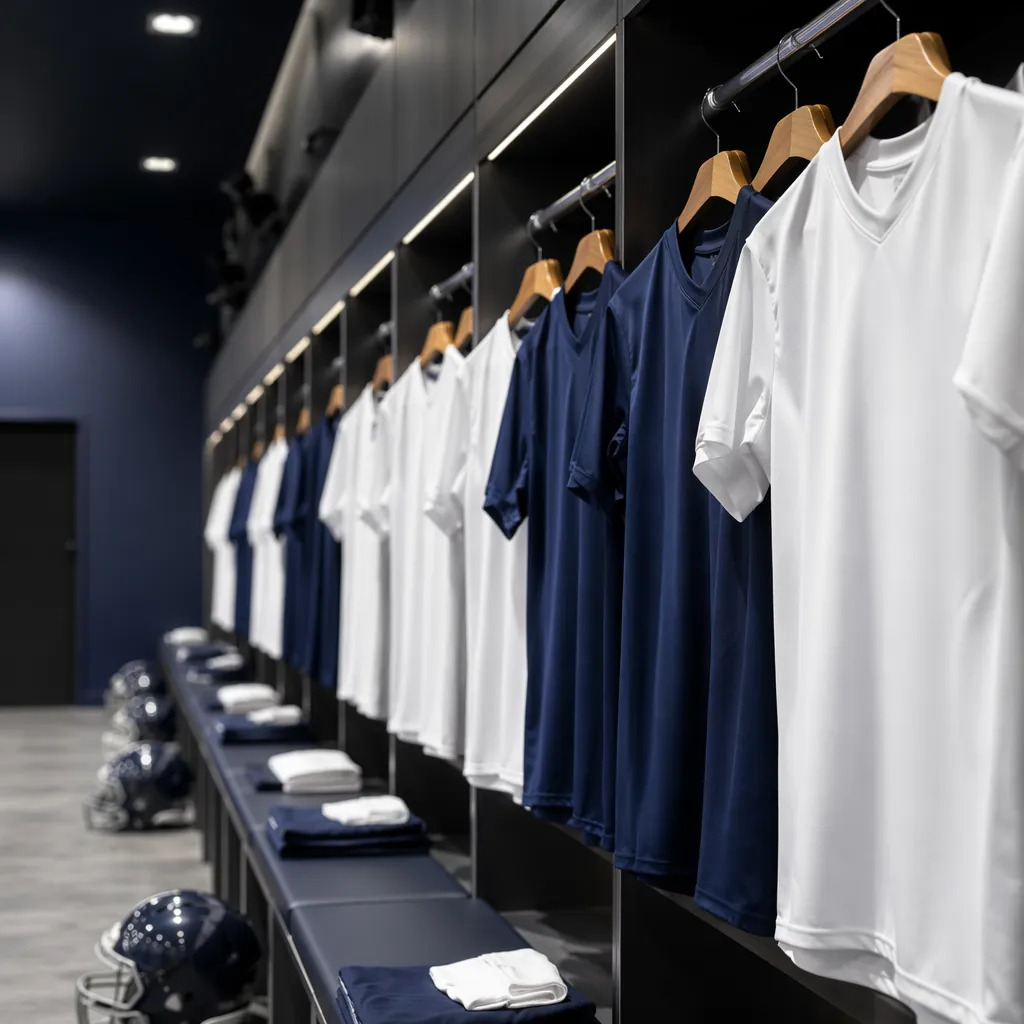 Rows of plain white and navy blue football jerseys hanging in a modern locker ro