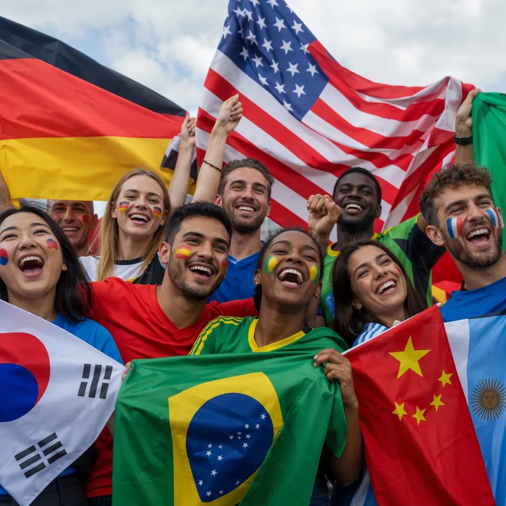 Group of multicultural football fans holding various national flags, celebrating
