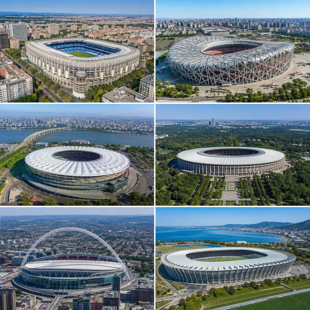 Aerial view of multiple iconic football stadiums across different countries, cle