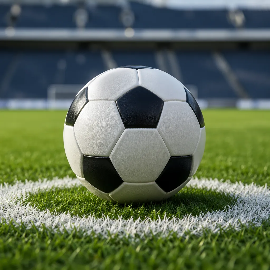 Close up of a standard soccer ball placed on the center spot of a well-maintaine