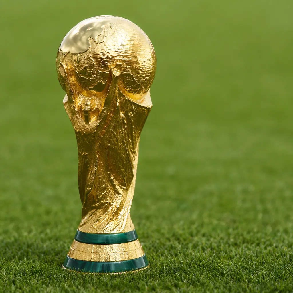 Close-up of a golden World Cup trophy placed on a well-maintained green football