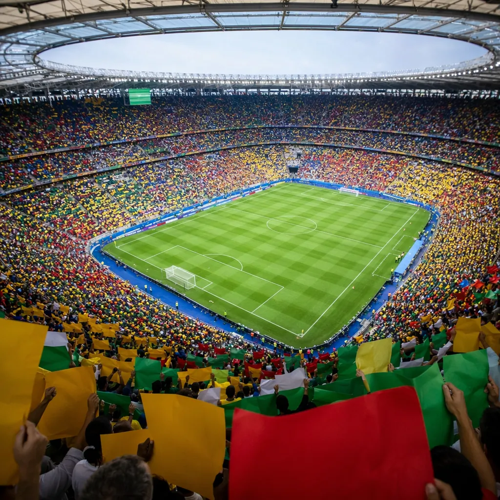 High-angle shot of a full football stadium during a World Cup match, fans holdin