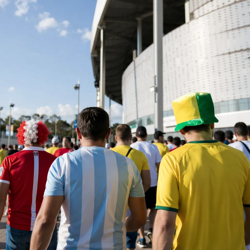 Close up of a football stadium entrance with fans wearing generic national team 