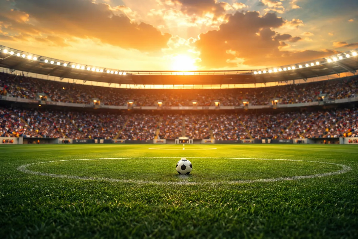 Wide shot of a professional football stadium during world cup match, golden sunset light o