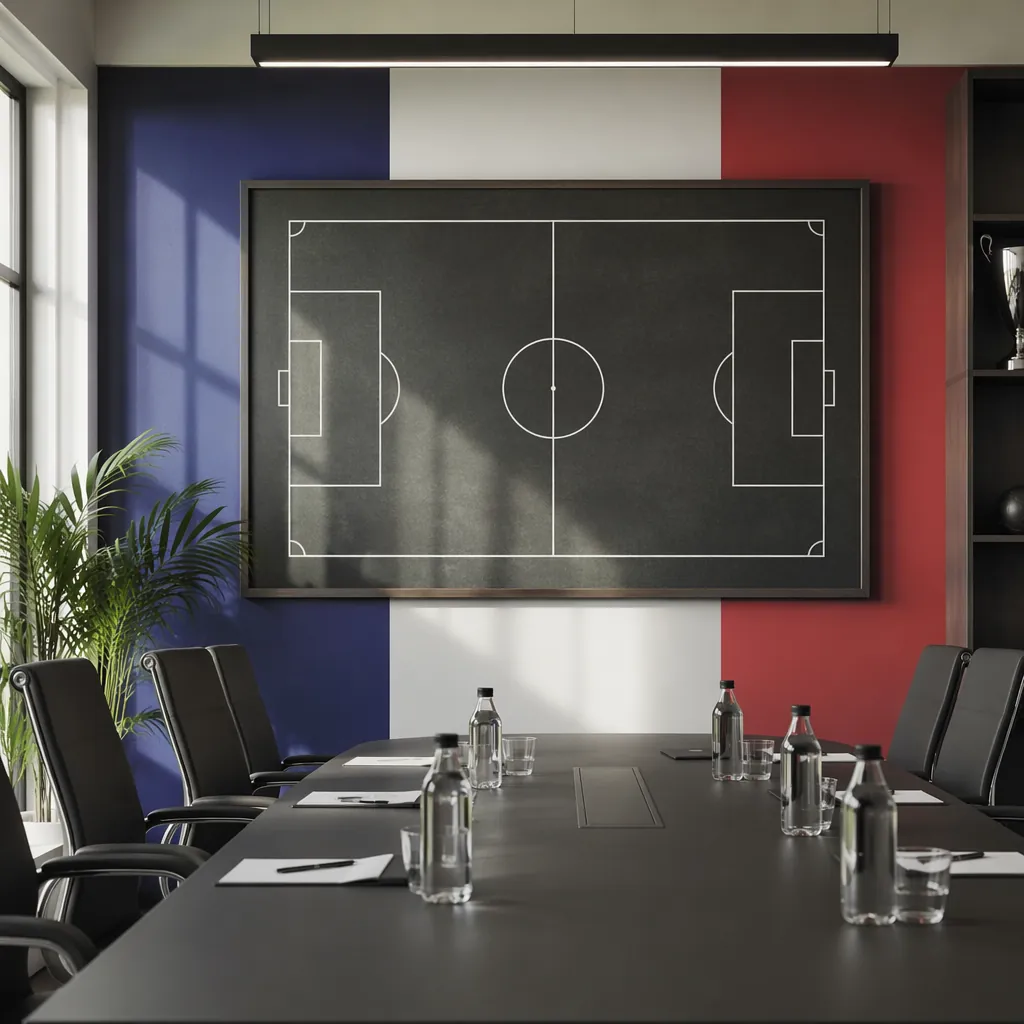 Football coach tactical board with French flag colors in the background, empty c