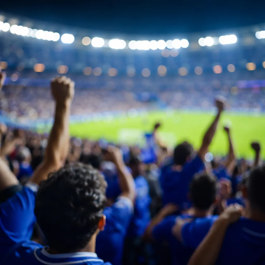 Blurred shot of football fans wearing blue jerseys cheering in a stadium stands,