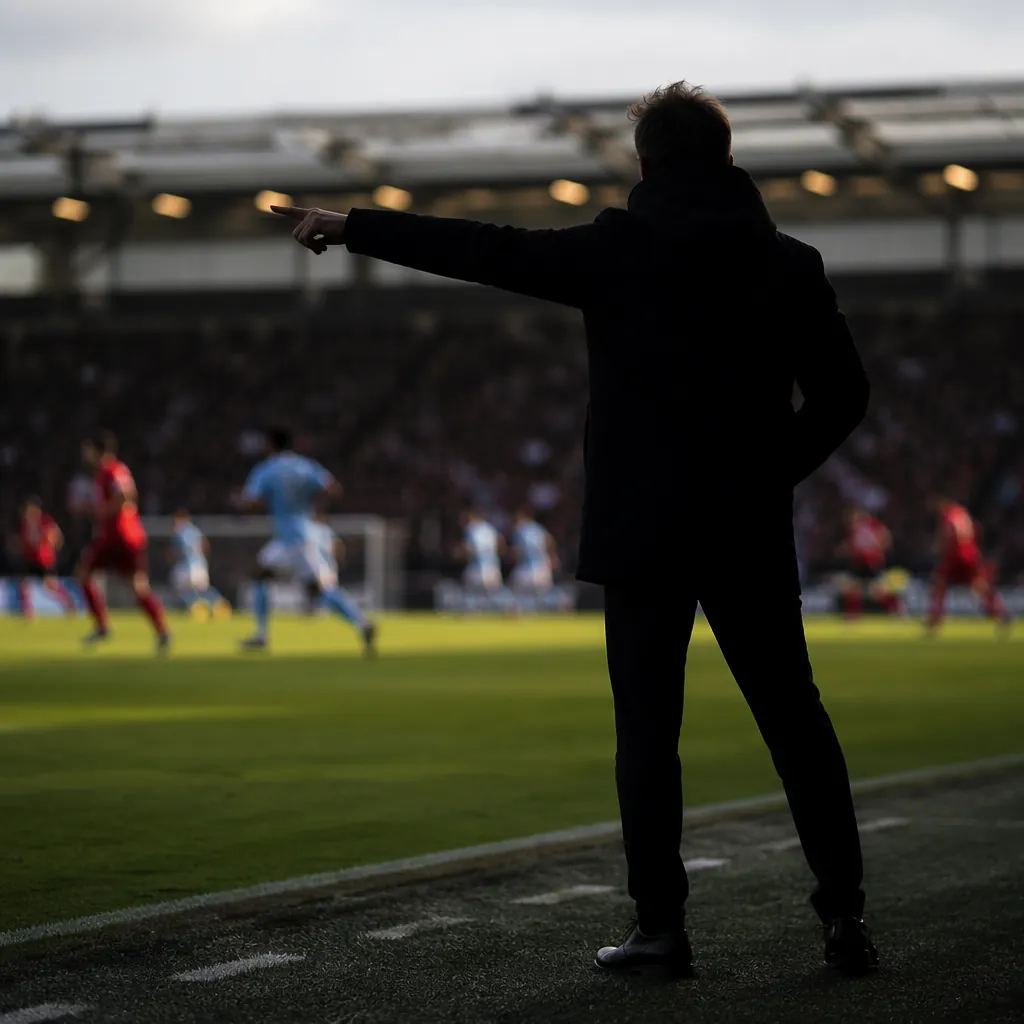 Silhouette of a football manager giving instructions on the touchline during a m