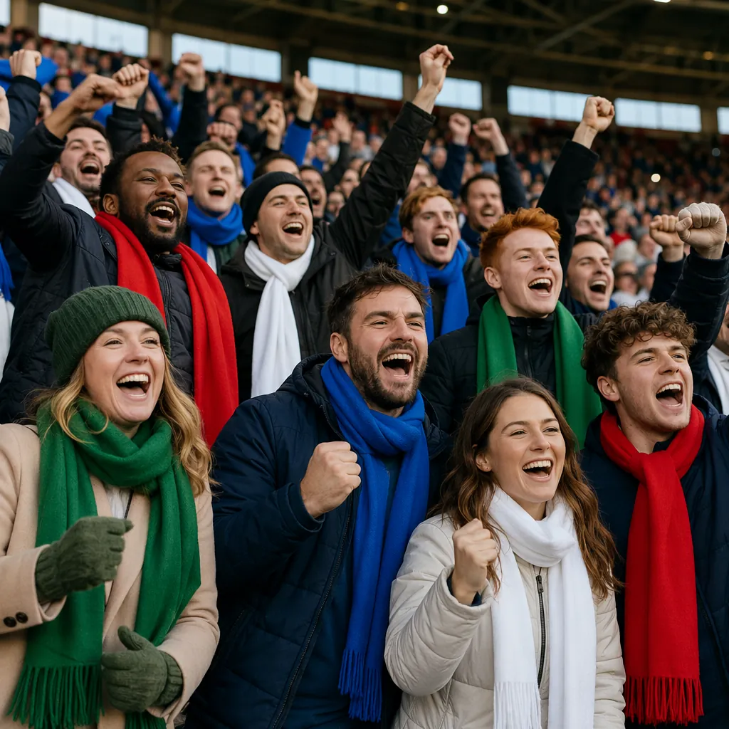 A group of football fans wearing plain scarves in red, blue, white and green rep