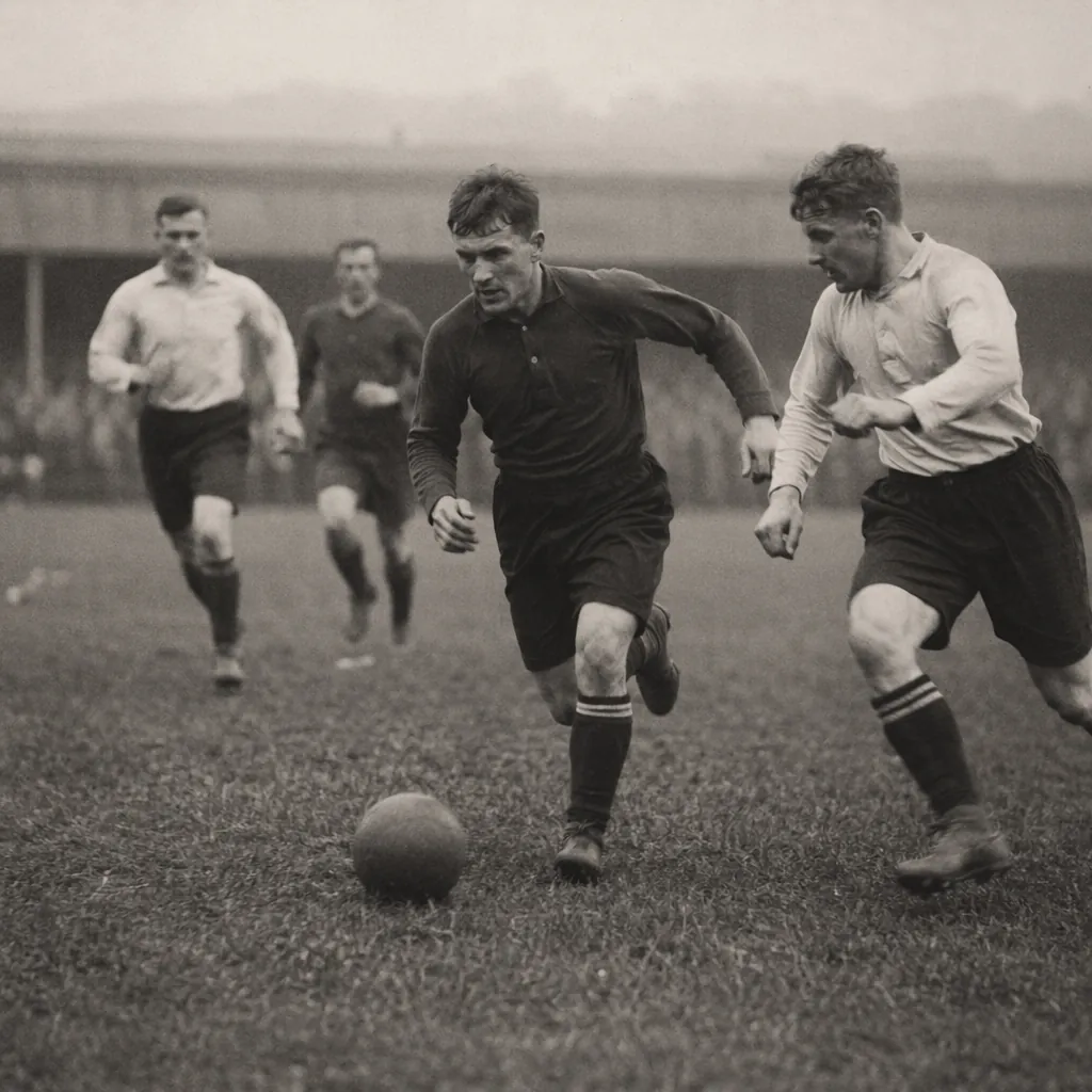 Vintage style shot of an early 1900s football match, players in plain old kits r