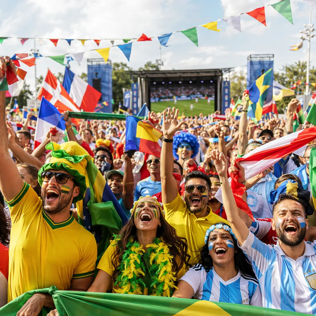 Wide shot of a World Cup themed fan zone, colorful national flags and bunting, f