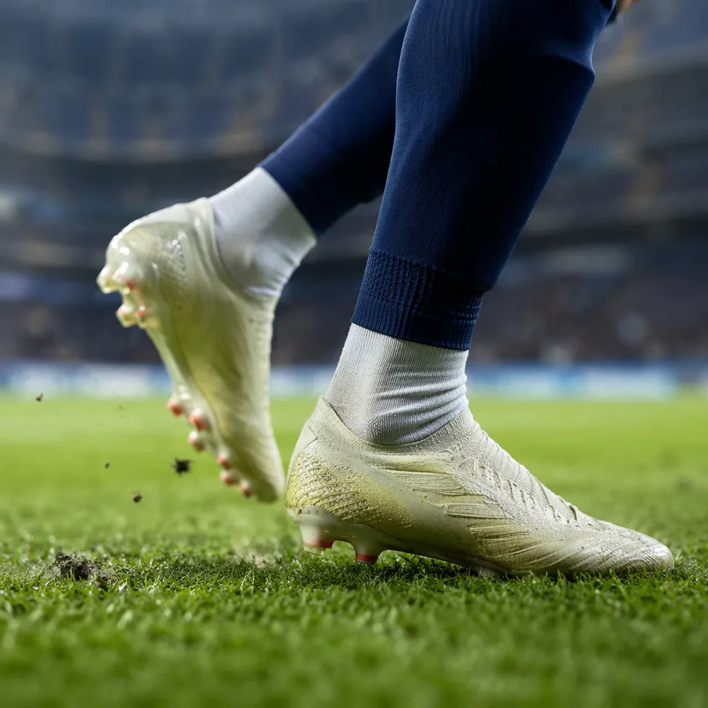Close up of a football striker's cleats on the pitch, blurred stadium seating in