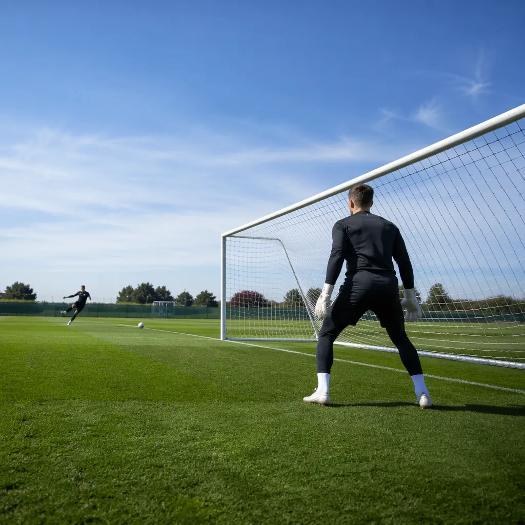 A generic unbranded football goalkeeper practicing free kicks on a green trainin