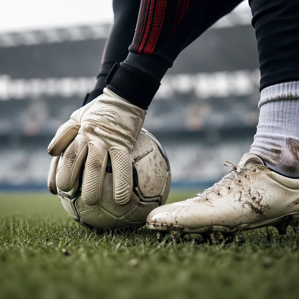 Close up shot of a goalkeeper's gloved hands and feet touching a football, blurr